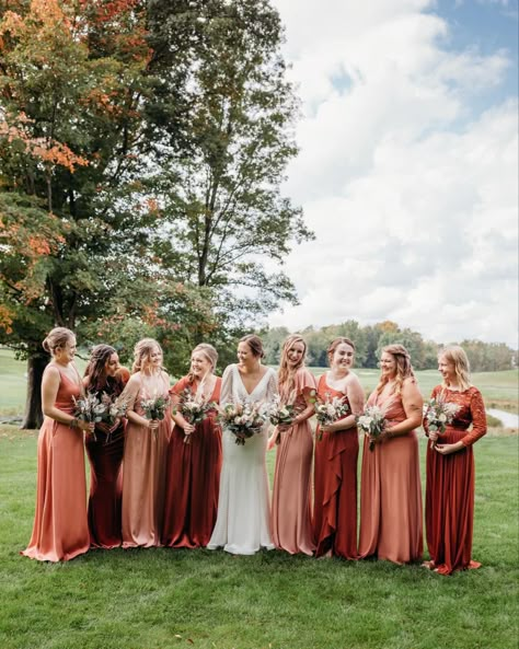 Terracotta Wedding Bridesmaid Dresses Mismatched, Desert Rose And Terracotta Wedding, Davids Bridal Cinnamon Bridesmaid Dress, Cinnamon Rose Fall Wedding, Terra Cotta Dress Bridesmaid, Fall Bridesmaid Color Palette, Terracotta Palette Bridesmaid Dresses, Bridesmaid Dress Terra Cotta, Miss Match Bridesmaid Dresses Fall