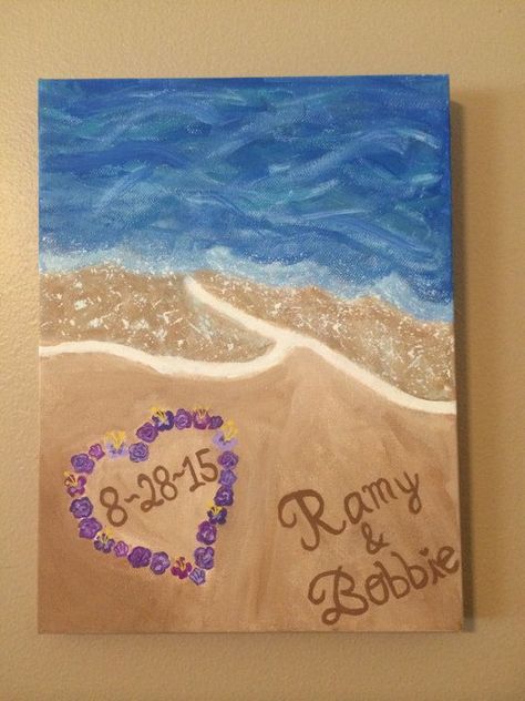 Couples Art Project, Beach Canvas Painting, Painting Wedding Gift, Easy Dyi, Couples Canvas Painting, Beach Canvas Paintings, Painting Wedding, Painting Board, Wedding Canvas