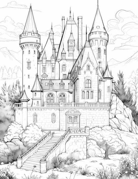 Realistic princess castle coloring page Castle Drawing Sketches Design Reference, Cinderella Castle Drawing, Simple Castle Drawing, Medieval Castle Drawing, Fantasy Castle Drawing, Draw Castle, Castle Drawings, Illustration Castle, Mandala Coloring Pages For Adults