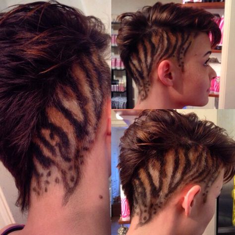 Hand painted tiger stripes done by grayling Tiger Hairstyle, Tiger Stripe Hair, Tiger Stripes Hair, Tiger Stripe Tattoo, Tiger Hair, Stripe Tattoo, Tattoos Color, Boy Haircuts, Hair Tattoos