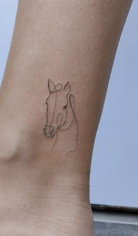 Horse Small Tattoo, Horse Flower Tattoo, Horse Tattoo Small, Horse Outline Tattoo, Horse Tattoo Ideas, Small Horse Tattoo, Pet Portrait Tattoos, Horse Tattoo Design, Cowgirl Tattoos