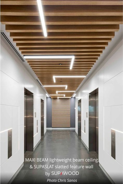 Beams and integrated lighting create a dynamic lift lobby. Products/Finishes: MAXI BEAM ceiling and SUPASLAT wall in a SUPAFINISH laminate Tasmanian Oak finish #officeinteriors #officefitout #ceilingdesign #lightingdesign #wallpanels #timberceiling #timberwall #integratedlighting #architecture #interiordesign #supawood Painted Ceiling Beams, Slatted Wall, Beam Ceiling, Ceiling Cladding, Lift Lobby, Integrated Lighting, House Ceiling, House Facades, Timber Ceiling