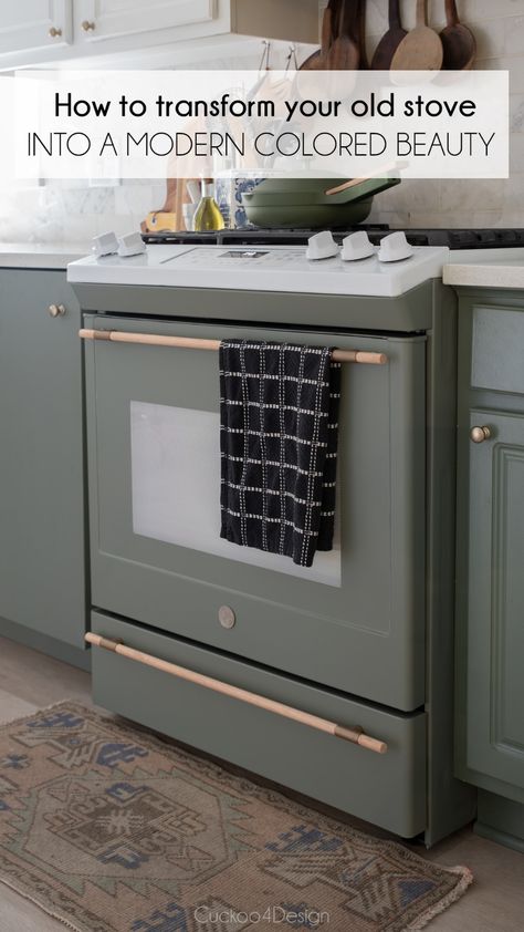 This is a game-changing tutorial about how you can update your existing old stove to make it look like a custom high-end colored stove | old stove makeover | transforming an old oven | appliance makeover | DIY colored gas ranges | DIY colored gas stoves | Colored Stove, Appliance Makeover, Painting Appliances, White Stove, Fridge Makeover, Old Stove, New Stove, White Appliances, Kitchen Stove