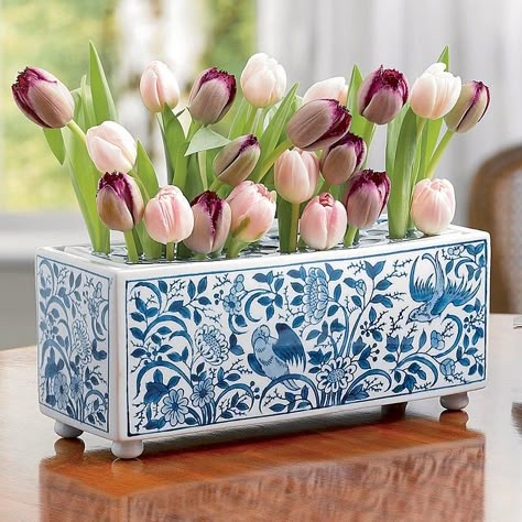 The Vintage Chateau: Flower Bricks Ceramic Tile Crafts, Leftover Tile, Blue White Decor, Tile Crafts, Tulips In Vase, Blue And White Vase, Creation Deco, Tile Projects, Unusual Flowers