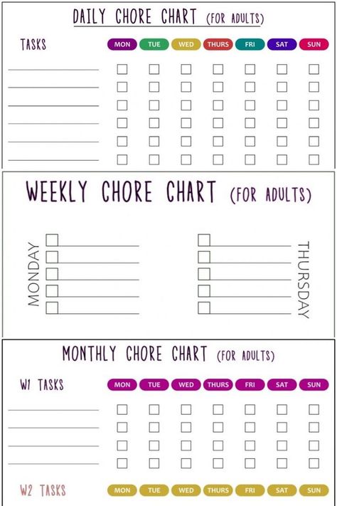 Chore Chart Daily Weekly Monthly, Weekly Chore Charts For Adults, Printable Chore Chart For Adults, Chore Chart For Adults Printable Free, Monthly Chore Chart Printables, Daily Weekly Monthly Chores, Chore Schedule For Adults, Adult Chore Chart Ideas, Chore Charts For Adults