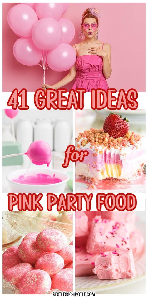 Pink Party Finger Foods, Pink Hors D’oeuvres, Pink Out Food Ideas, Barbie Finger Food, Pink Food Party Ideas, Pink Finger Food Ideas, All Pink Party Food, Color Party Ideas For Adults Pink Food, Easy Pink Foods For Party