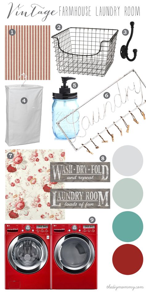 Mood Board: A Vintage Farmhouse Laundry Room in Cherry Red and Aqua Red Washer And Dryer, Farmhouse Laundry Rooms, Farm House Laundry Room, Farmhouse Laundry Room Ideas, Family Friendly Living Room, Diy Mommy, Vintage Laundry Room, Red And Aqua, Living Colors