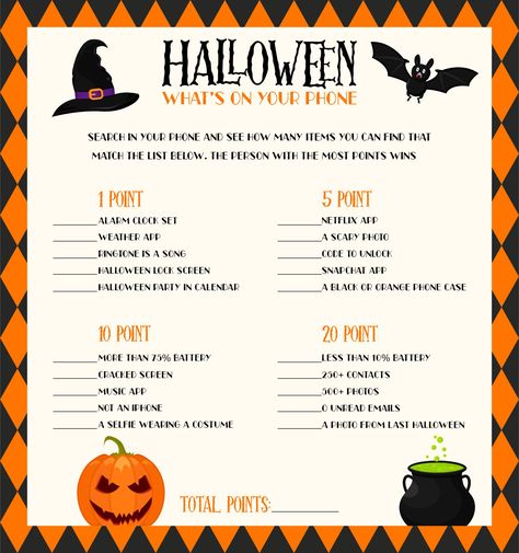 Halloween Whats On Your Phone Game Printable Whats On Your Phone Game Halloween, Halloween Activities Adults, Halloween Activities For Adults, Whats On Your Phone Game, Free Halloween Games, Whats On Your Phone, Halloween Activity Sheets, Halloween Cupcakes Decoration, Fall Family Activities