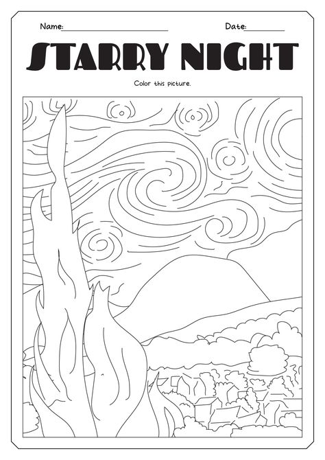 Van Gogh Starry Night Coloring Page Starry Night Collaborative Art, Van Gogh Worksheet, Kindergarten Art Worksheets, Starry Night Coloring Page, Night Coloring Pages, Finish The Drawing Worksheets, Van Gogh Art Lesson, Van Gogh For Kids, Activity Therapy