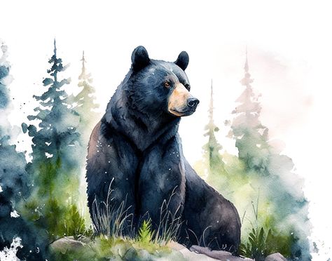 Forest Animals Black Bear Bear Print Watercolor Woodland - Etsy Australia Black Bear Acrylic Painting, Black Bear Watercolor, Black Bear Pictures, Wild Animals Art, Black Bear Art, Woodland Artwork, Watercolor Wildlife, Black Bears Art, Animal Print Art