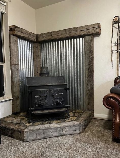 Metal Wood Fireplace, Corrugated Metal Wood Stove Surround, Woodstove Backing Ideas, Wood Stove Wall Behind, Brick Wood Stove Surround, Wood Stove Hearth Ideas, Woodstove Surrounds, Fireplace Tiling, Wood Stove Decor