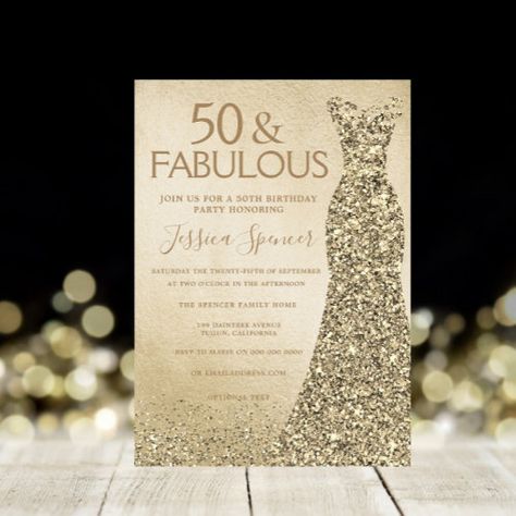 Gold Glitter Dress Womans 50th Birthday Party for $2.95 - Birthday Invitations Womans 50th Birthday, Gold Sparkle Dress, Gold Glitter Dress, Moms 50th Birthday, 50th Birthday Party Invitations, 21st Birthday Party, 50th Birthday Decorations, 21st Birthday Invitations, 90's Birthday Party