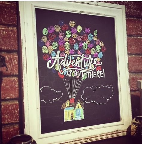 Disney/Pixar "UP" chalkboard art School Chalkboard Art, Diy Chalkboard Sign, Chalkboard Wall Art, Chalkboard Doodles, Chalk Wall, Chalkboard Lettering, Adventure Is Out There, School Chalkboard, Disney Pixar Up