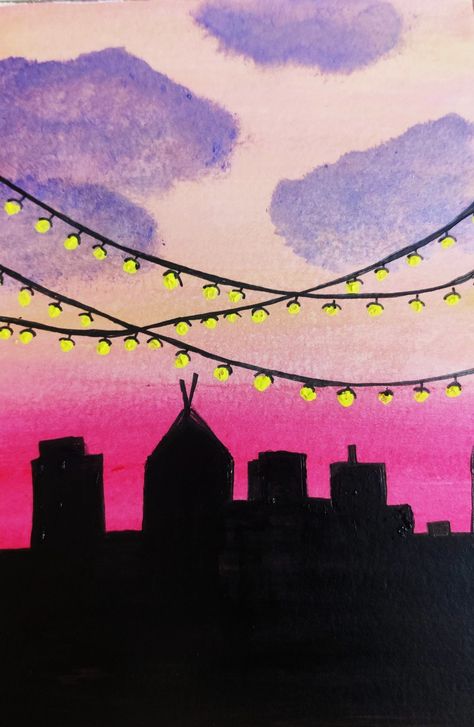 City Lights Drawing Easy, City Lights Sketch, City Lights Painting Acrylic, Night City Painting Easy, Fairy Lights Painting, City Lights Drawing, Fairy Lights Drawing, City Drawing Easy, City Scape Drawing