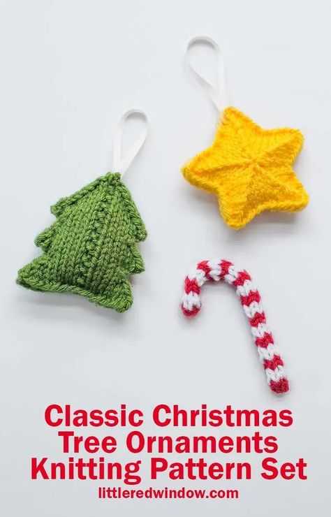 This classic Christmas Tree Ornament Set knitting pattern has easy instructions to knit a perfect candy cane, tree and star ornament! Knit Ornament Pattern, Christmas Knitting Projects, Knit Christmas Ornaments, Knitted Christmas Decorations, Christmas Knitting Patterns Free, Baby Hat Knitting Pattern, Classic Christmas Tree, Christmas Knitting Patterns, Holiday Crochet