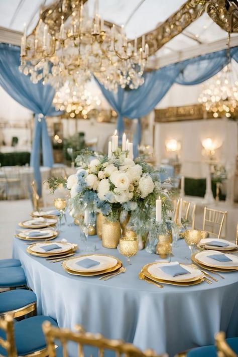 White Blue And Gold Wedding Decor, Dusty Blue And Gold Wedding Centerpieces, Blue Gold White Wedding Theme, White Blue Gold Color Palette, Blue Dusty Wedding, Gold And Blue Wedding Decorations, Dusty Blue Gold Wedding Theme, Dusty Blue Quinceanera Theme, Dusty Blue And Gold Wedding Decorations