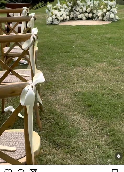 White Chair Bows Wedding, Chairs At Wedding Ceremony, Isle Chair Decor Wedding, Bow Aisle Markers, Bow On Chair Wedding, White Wedding Chairs Ceremony, Bows On Ceremony Chairs, Ribbon On Chairs Wedding, Wedding Aisle Bows