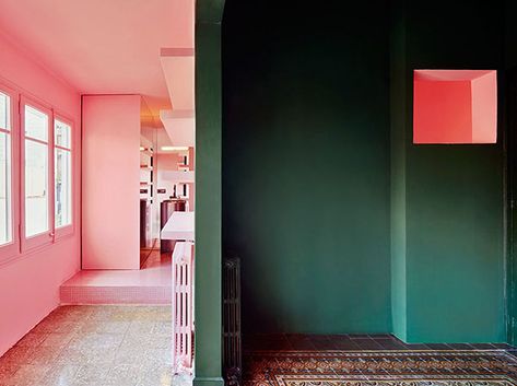 Barcelona Style, Studio Foto, Green Walls, Colour Blocking, Pink Interior, Stunning Interiors, Boho Interior, Interior Trend, Pink Walls