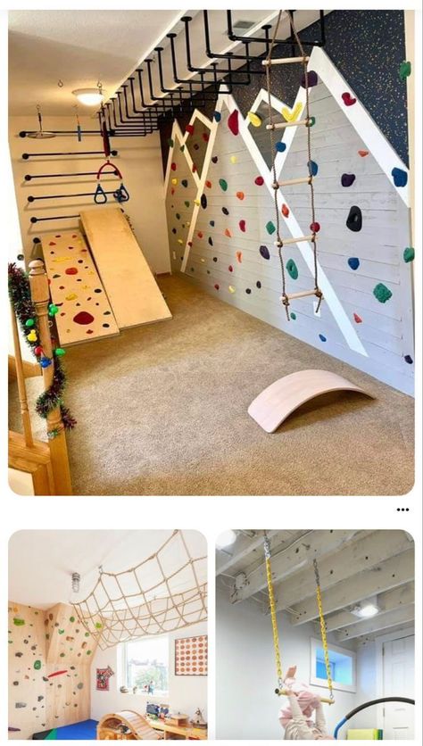 Indoor Jungle Gym Diy Basement, Bedroom Jungle Gym, Ninja Warrior Basement, Gym Playroom Combo, Playroom With Climbing Wall, Rock Climbing Wall In House, Indoor Ninja Course For Kids, Ninja Playroom, Bedroom Climbing Wall