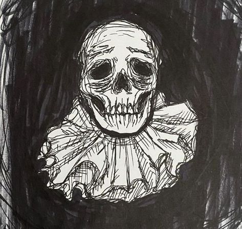 Gothic Clown Art, Clown Skull Drawing, Creepy Skeleton Drawing, Skull Sketch Simple How To Draw, Goth Drawings Dark, Goth Sketch Ideas, Goth Art Inspiration, Clown Art Creepy, Clown Drawing Scary