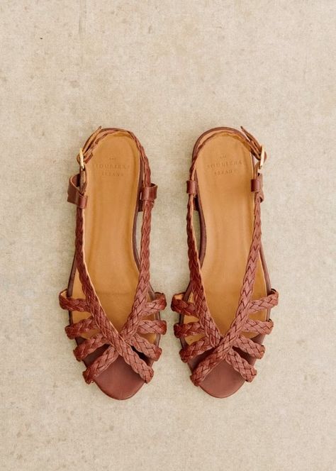 Natacha Low Sandals - Woven Natural Heritage - Vegetable-tanned smooth cowhide leather - Sézane Tan Leather Sandals Heels, Low Sandals, Woven Leather Sandals, Tan Leather Sandals, Nude Flats, Woven Shoes, Woven Sandals, Braided Sandals, Natural Heritage