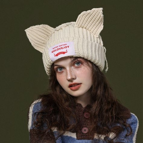 Cute Double-layer Loverboy Cat Ear Knit Hat Warm Niche Design Knitted Cap Thicke Soft Ear Protection Pig Ears, Woolen Hat, Cat Ear, Ear Protection, Knit Cap, Niche Design, Knit Hat, Cat Ears, Cute Fashion