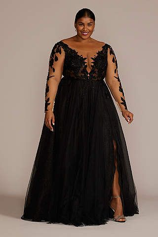 View Long Sleeves Long Wedding Dress at David's Bridal Plus Size Black Wedding Dresses, Black Maid Of Honor Dress, Black Wedding Dresses Plus Size, Black Plus Size Wedding Dress, Plus Size Gala Dress, Plus Size Semi Formal, Lace Maxi Dresses, Black V Neck Long Sleeve, Witch Outfits