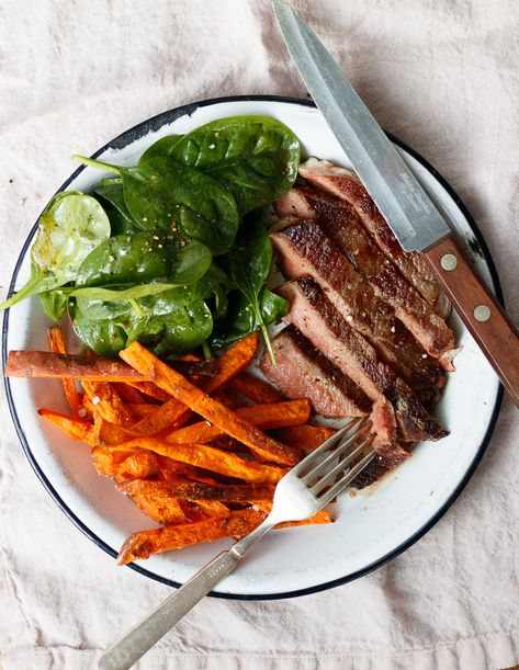 Seared Steak with Crunchy Sweet Potato Fries and Spinach Salad  — Amanda Frederickson Sweet Potato With Steak, Fatty Steak, Steak And Sweet Potato, Steak Sweet Potato, Marley Spoon Recipes, Caramelized Carrots, Boneless Ribs, Steak Au Poivre, Marley Spoon