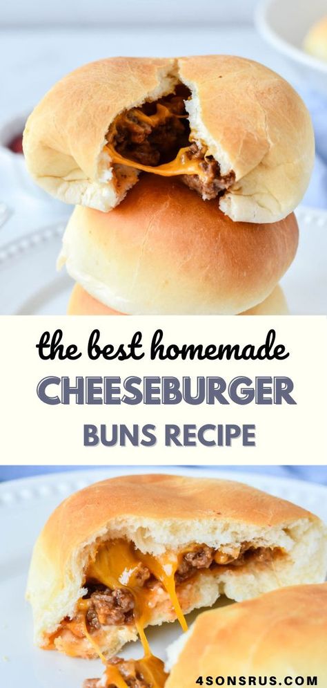 These stuffed cheeseburger buns are fun finger food for the whole family. Perfect for lunch or dinner, parties, and even potlucks- they’re a great way to enjoy all the flavors of a messy burger, in perfectly potable form. #cheeseburger #cheeseburgerbuns Cheeseburger Buns Recipe, Hamburger Stuffed Buns, Meat Buns Recipe Ground Beef, Stuffed Buns Recipe Meat, Meat Filled Buns, Meat Buns Recipe, Stuffed Bun Recipe, Cheeseburger Pods, Stuffed Cheeseburgers