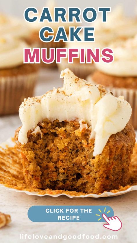 Moist Carrot Cake Muffins with fresh carrots, warm spices, and tangy cream cheese frosting burst with carrot cake flavor in every bite! You'll have trouble deciding whether to serve them for brunch or dessert! Carrot Snack Cake, Carrot Cake Cupcakes Easy, Cream Cheese Carrot Cake Muffins, Buttermilk Carrot Muffins, Carrot Cake Recipe Muffins, Carrots Cake Muffins, Baking With Carrots, Hawaiian Pineapple Carrot Muffins, Carrot Cake With Walnuts Recipe