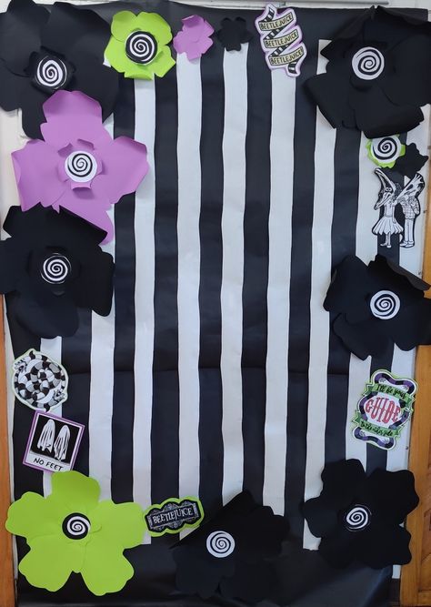 Beetle Juice Crafts For Kids, Halloween Door Decorations Beetlejuice, Beetle Juice Classroom Door, Beetle Juice Bulletin Board, Beetlejuice Photo Booth, Sandworm Beetlejuice Diy, Beetlejuice Photo Backdrop, Beetlejuice Office Decor, Beetlejuice Birthday Party Decorations