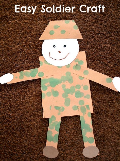 Easy Soldier Craft...simple shapes Veterans Day craft for kids, using finger prints of all shades of greens and browns for camo Soldier Craft, Veterans Day Crafts For Kids, Veterans Day Crafts, Veterans Day Craft, Remembrance Day Activities, Patriotic Activities, Remembrance Day Art, Military Crafts, Veterans Day Activities