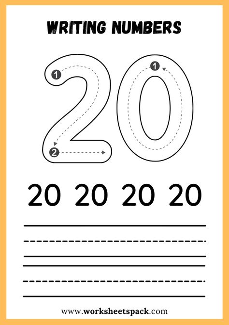 Writing Numbers Worksheet PDF, Write Number 20 Free Printable for Kids - Printable and Online Worksheets Pack Number 20 Worksheets For Preschool, Number 20 Worksheet, Writing Numbers Worksheet, Free Printable Numbers, Numbers Worksheet, Toddler Curriculum, Kids Math, Free Kindergarten Worksheets, Number Tracing