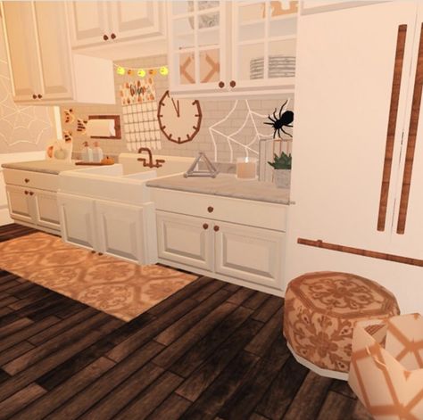 Cute Fall Kitchen Bloxburg, Bloxburg Kitchen Ideas Autumn, Autumn Bloxburg House Colors, Halloween Decor Bloxburg, Fall Themed Kitchen Bloxburg, Bloxburg Halloween Interior, Autumn Kitchen Bloxburg, Bloxburg Halloween Kitchen, Fall Kitchen Bloxburg