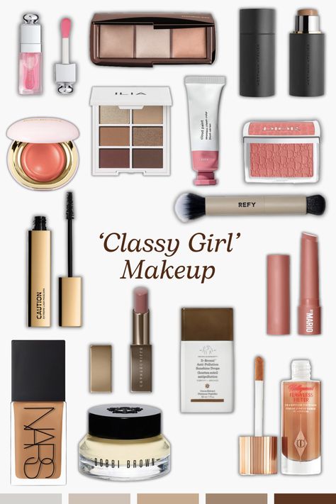 Makeup inspo vision board aesthetic 'classy' brands DISCLAIMER: this list isn't exhaustive but you also don't need to own any of these products to be considered a 'classy girl' nor must you spend a lot of money to do so. This is just inspo based on 'classy looking' makeup products both classics and new releases which have aesthetic packaging and are a nice treat to buy on payday or to gift. I will make a drugstore one soon :) Classy Makeup Products, Simple Makeup Collection, High End Makeup Must Haves, Must Need Makeup, Nice Makeup Products, Aesthetic Makeup Packaging, Old Money Makeup Products, High End Makeup Aesthetic, Luxury Makeup Aesthetic