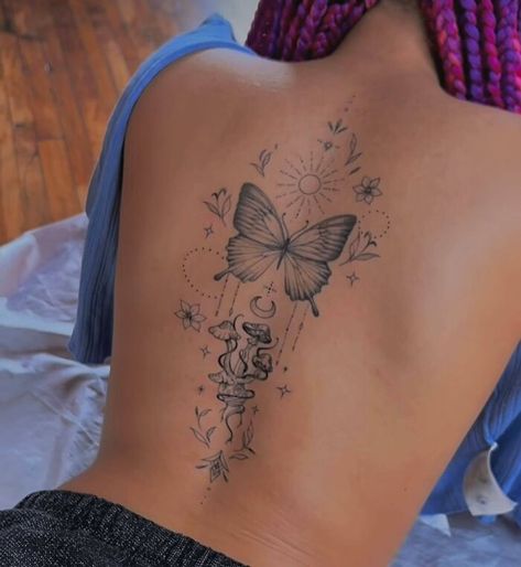 Butterfly Mushroom Spine Tattoo Floral Back Tattoos, Tato Minimal, Tato Lengan, Petite Tattoos, Spine Tattoos For Women, Tattoos For Black Skin, Pretty Tattoos For Women, Dope Tattoos For Women, Cute Tattoos For Women