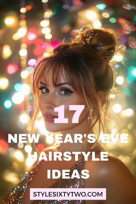 New Year's Eve is the perfect occasion to style your hair in celebration of a fresh start. Medium to long hair looks gorgeous in elegant updos or cascading waves. Curly hair can shine with defined ringlets or a charming half-up style. Short hair turns heads with a sleek bob or a textured pixie cut complemented by bold accessories. Whatever your style, this is the night to embrace your individuality and ring in the new year in unforgettable fashion. Hair Ideas For New Years Eve, New Years Long Hair Styles, New Year’s Eve Hairstyles Medium Length, New Year’s Eve Updos, Cute Updos For Fine Hair, Long Hair New Years Eve Style, Easy Glamour Hairstyles, Easy New Years Eve Hairstyles, New Year’s Eve Makeup And Hair