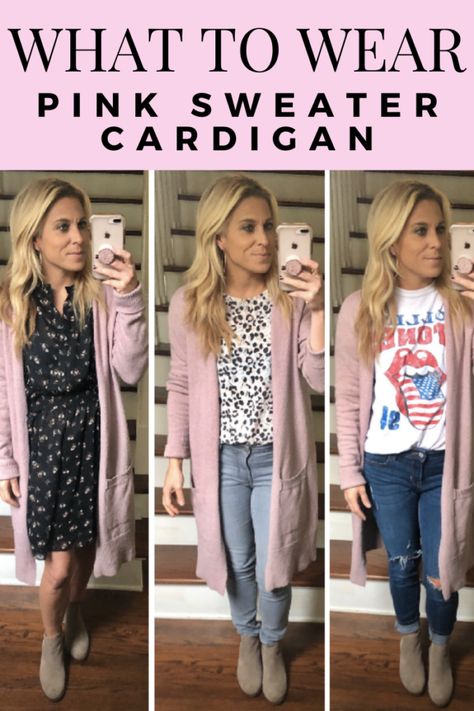 What to Wear with a Pink Sweater Cardigan How To Wear A Pink Cardigan, Pink Cardigan Outfit Fall, Pink Cardigan Outfit Winter, Light Pink Cardigan Outfit, Ways To Wear A Cardigan, Long Pink Cardigan, Pink Cardigan Outfit, Long Pink Sweater, Sweater Styling