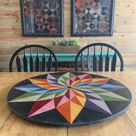 Abby | Tweetle Dee Design Co on Instagram: “My favorite piece from the week was a big  huge Lazy Susan!  I wish it was mine but it will be well loved in it’s new home.…” Lazy Susan For Table, Painted Lazy Susan, Vintage Market Days, Office Mural, Painted Barn Quilts, Barn Quilt Designs, Beautiful Symbols, Harvest Table, Garden Quilt