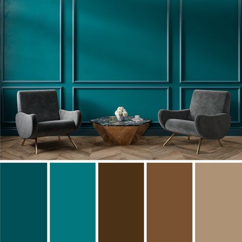 15+ Best Teal Color Palettes (Colors that Go with Teal) – CreativeBooster Navy Teal Color Palette, Teal Color Palettes, Teal Walls Living Room, Teal Palette, Teal Bathroom Ideas, Teal Color Palette, Teal Color Schemes, Bold Bedroom, Teal Interiors