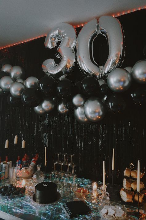 Dirt 30 Party Ideas, 30 Birthday Table Decoration, Good Bye 30's Party, Guy Bday Party Ideas, Black Themed 30th Birthday, 30th Bday Party Ideas Women, 50 Shades Party Ideas, Rip To Twenties Party, Rip Thirties Party