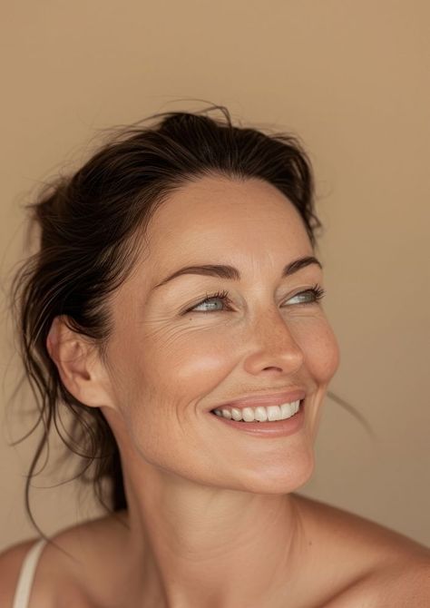 Middle age woman happy with no makeup smile portrait adult. | premium image by rawpixel.com / Pinn Middle Aged Woman Aesthetic, Woman Looking Up, Woman No Makeup, Woman Middle Age, Pretty Middle Aged Woman, Middle Age Makeup, Woman In Her 40s, Middle Age Woman, Youthful Face