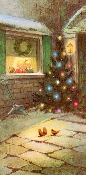 Looking Out Window, Vintage Christmas Greeting Cards, Vintage Christmas Card, Vintage Christmas Images, Old Christmas, Christmas Greeting Card, Old Fashioned Christmas, Christmas Past, Christmas Memory