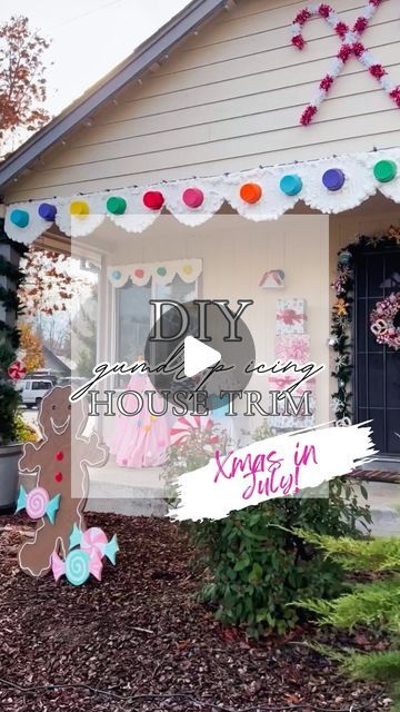 Candy House Decorations Outdoor Christmas, Decorating The Outside Of Your House Like A Gingerbread House, Tacky Outdoor Christmas Decorations, Candyland House Decorations, Gingerbread House Outdoor Decor Diy, Gingerbread House Christmas Decoration Outdoor, Gingerbread Window Decorations, Candyland Outside Christmas Decorations, Diy Jumbo Gumdrops