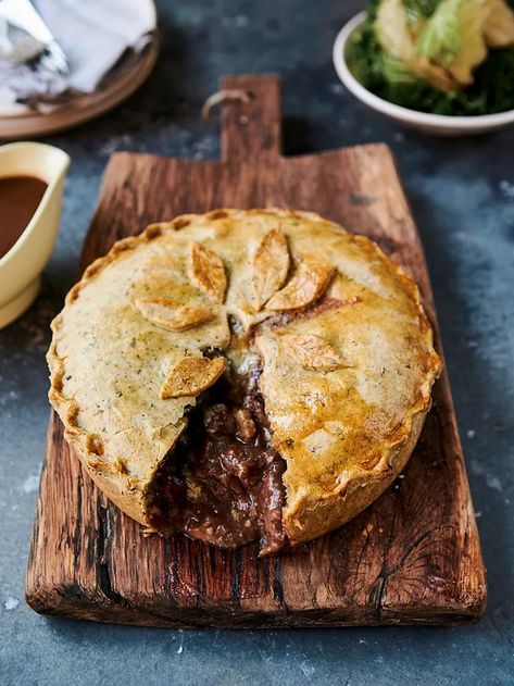 Warwick Davis’ steak & Stilton pie | Jamie Oliver recipes Steak And Liver Pie, Steak And Guinness Pie Jamie Oliver, Scottish Steak Pie, Scottish Pie, Hygge Baking, Steak Pot Pie, Steak Pie Recipe, Steak And Guinness Pie, Beef Pie Recipe