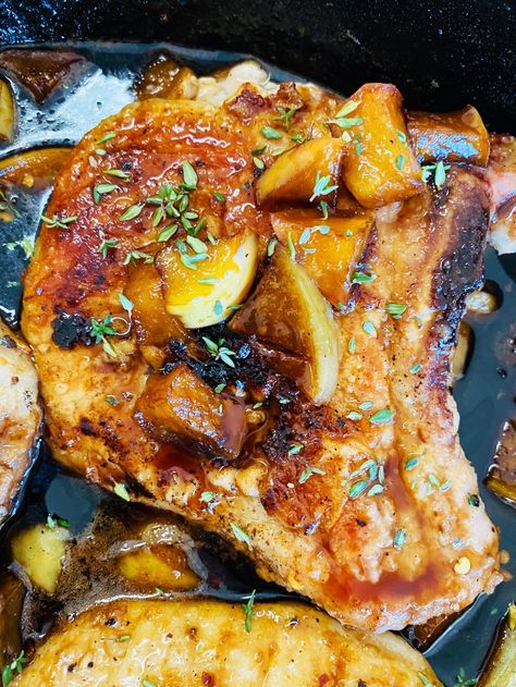 Apple Bourbon Pork Chops Bourbon Apple Pork Chops, Apple Pork Chops Skillet, Grilled Pork Chops And Apples, Apple Glaze For Pork Chops, Grilled Pork Chops With Apples, Bourbon Glazed Pork Chops, Grilled Apple Pork Chops, Apple Side Dish For Pork, Apple Glazed Pork Chops