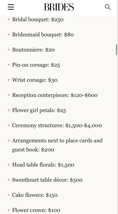 Wedding Florals Checklist, List Of Wedding Florals, Flower Bouquet Price List, Florist Hacks, Wedding Florist Checklist, Bouquet Sizes Chart, Florist Portfolio, Wedding Flowers Budget, Wedding Flowers Cost