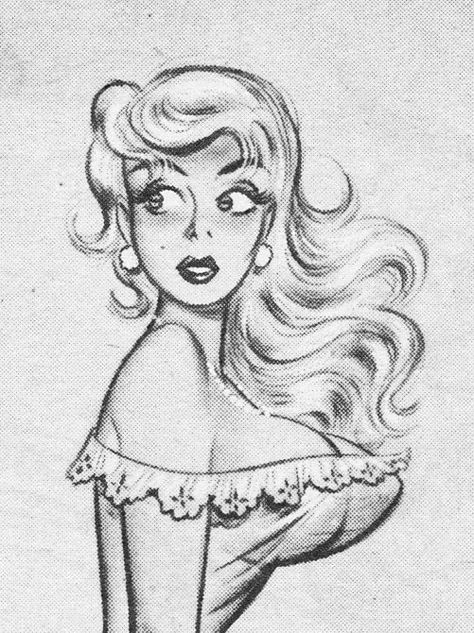 Cartoon Pinups Drawing, Bill Ward Pinups, Pinup Cartoon Vintage, Pin Up Poses Drawing, 50s Cartoon Style, Bill Ward Art, Cartoons 50s, 50s Cartoon, Castle Cartoon