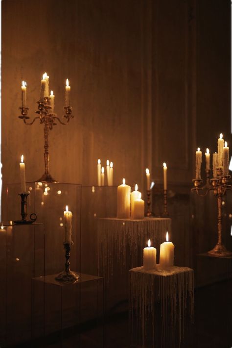 Heavenly Themed Wedding, Romantic Set Design, Candle Lit Room Romantic, Wedding Candle Sticks, Candle Wall Wedding, Fashion Show Lighting, Candelabra Decor, Candle Backdrop, Candlelit Wedding