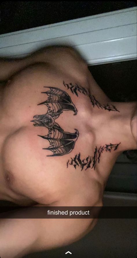 Mens Bat Tattoo, Gothic Men Tattoo, Bat Wings Chest Tattoo, Bat Neck Tattoo Men, Bat Tattoo Ideas Men, Bat Tattoo On Back, Bat Wing Chest Tattoo, Bat Chest Tattoo Men, Chest To Neck Tattoo